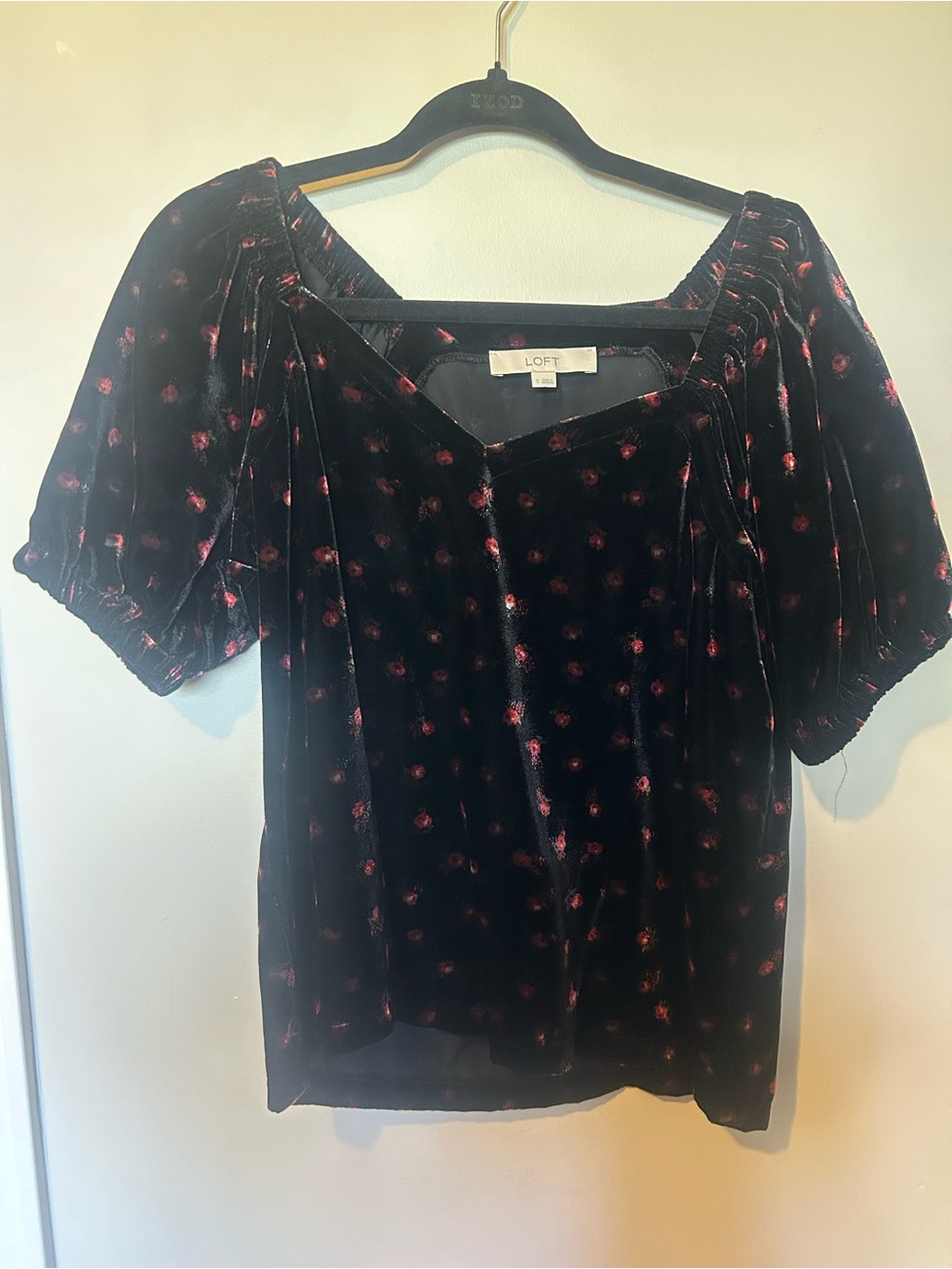 LOFT Black Velvet Puff Sleeve Top with Rose Dot Print
